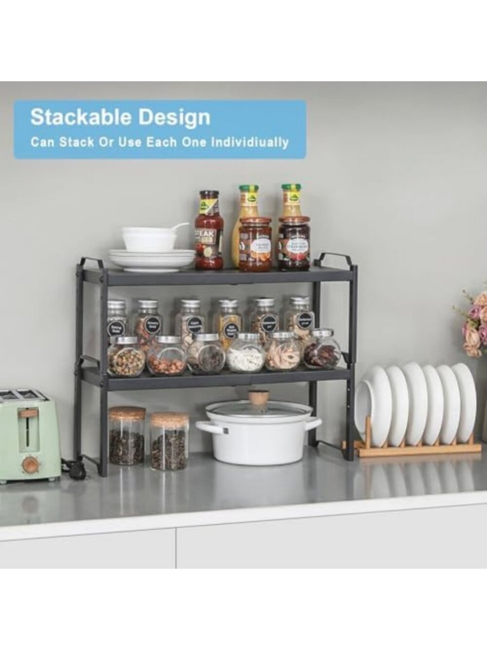 Expandable 2-Pack Stackable Cabinet Shelves - Adjustable Kitchen Organizer Rack - Picture 3 of 7